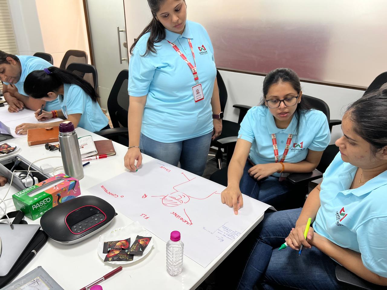 Team mapping values together on a flip chart