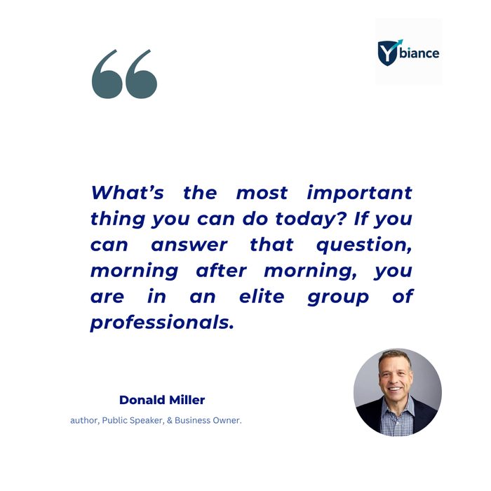 Quote card: What's the most important thing you can do today? If you can answer that question, morning after morning, you are in an elite group of professionals. — Donald Miller, author, public speaker, and business owner.